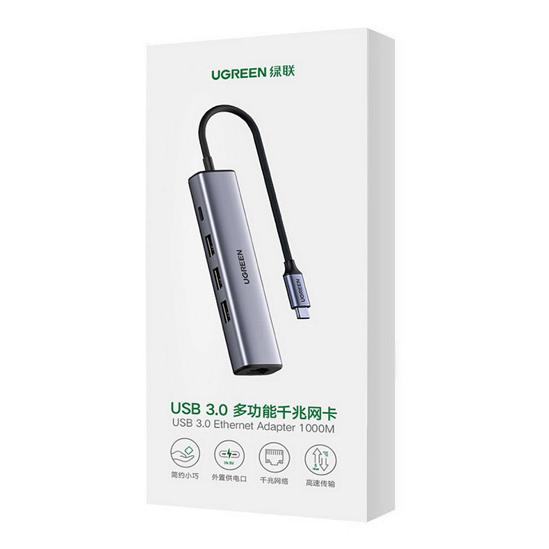 Хаб USB 3.0 Type-C -> 3xUSB 3.0 + RJ45 1000M CM475 Серый UGREEN