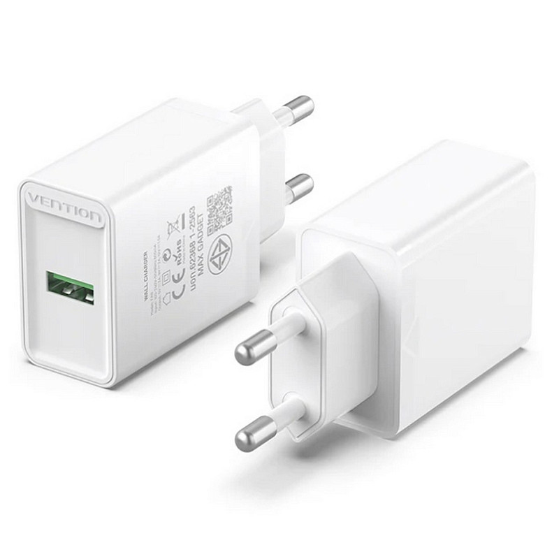 Зарядний пристрій Vention 1xUSB 18W (USB-A) QC3.0 white