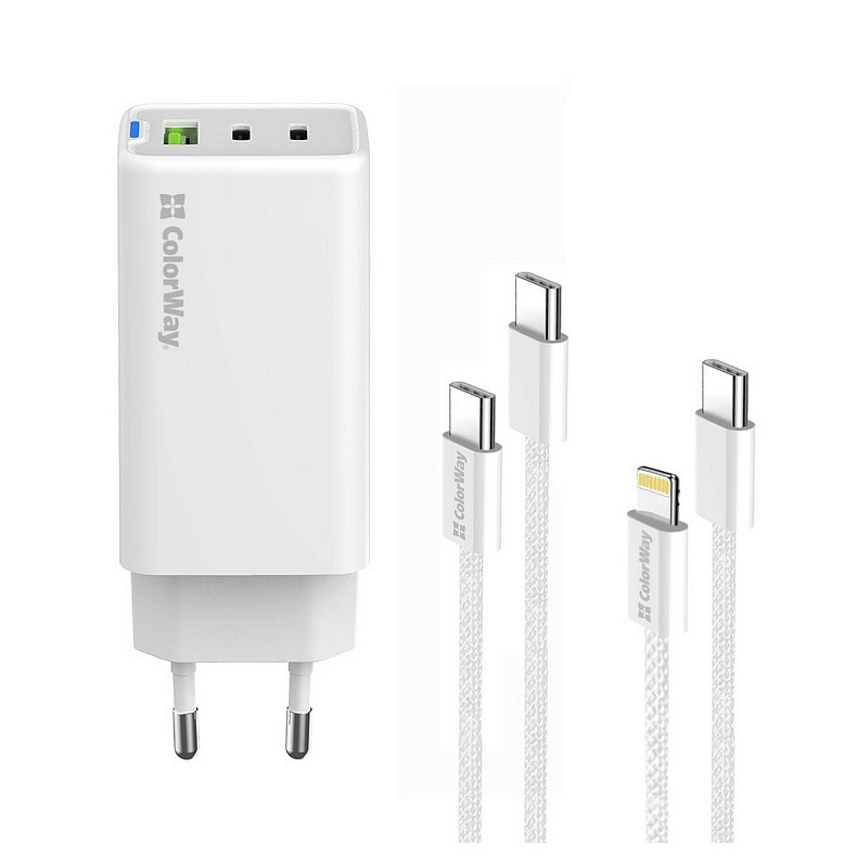Сетевое зарядное устройство ColorWay GaN Mini 65W PD Port PPS USB (USB-2C1A) White (CW-CHS058PDCL-WT