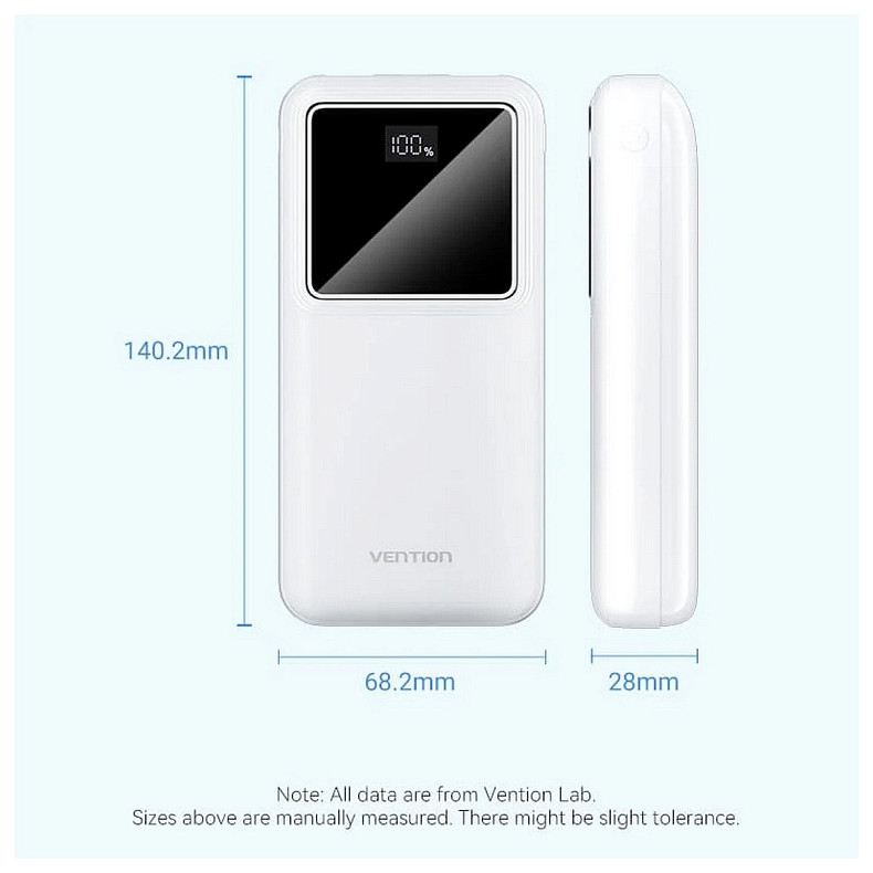 УМБ Vention 20000mAh 22.5W 3A, PD, QC 3.0, Micro-USB, USB-C, 2x USB-A, LED Display White