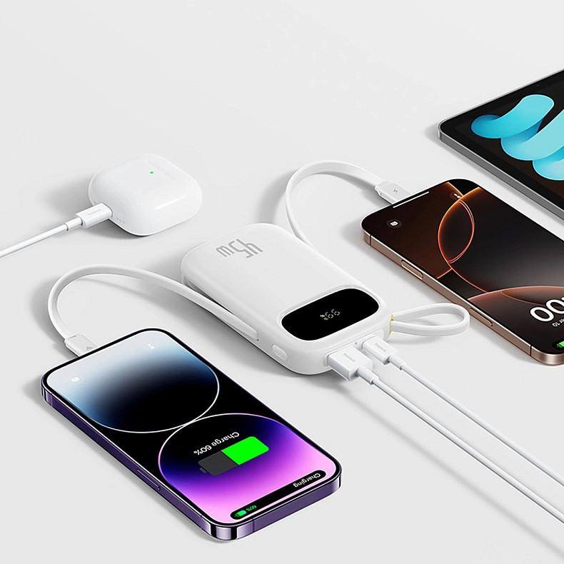 УМБ Baseus 20000mAh EnerFill FC31 45W PD,QC,USB-A,USB-C In/Out, built-in USB-C/Lightning cable White