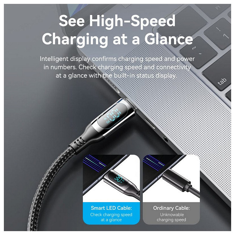 Кабель USB 3.1 Type-C M-M, 1.2 м, 100W, З дисплеєм Чорний Zinc Alloy Vention