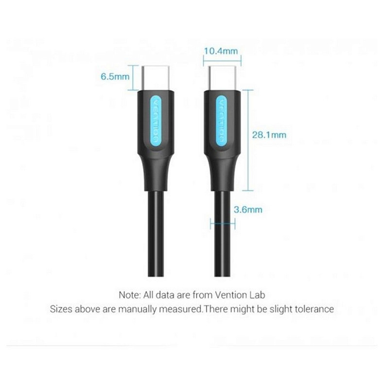 Кабель Vention USB Type-C - USB Type-C TPE Round PD 60W, 3A, 1m, Black (COSBF)