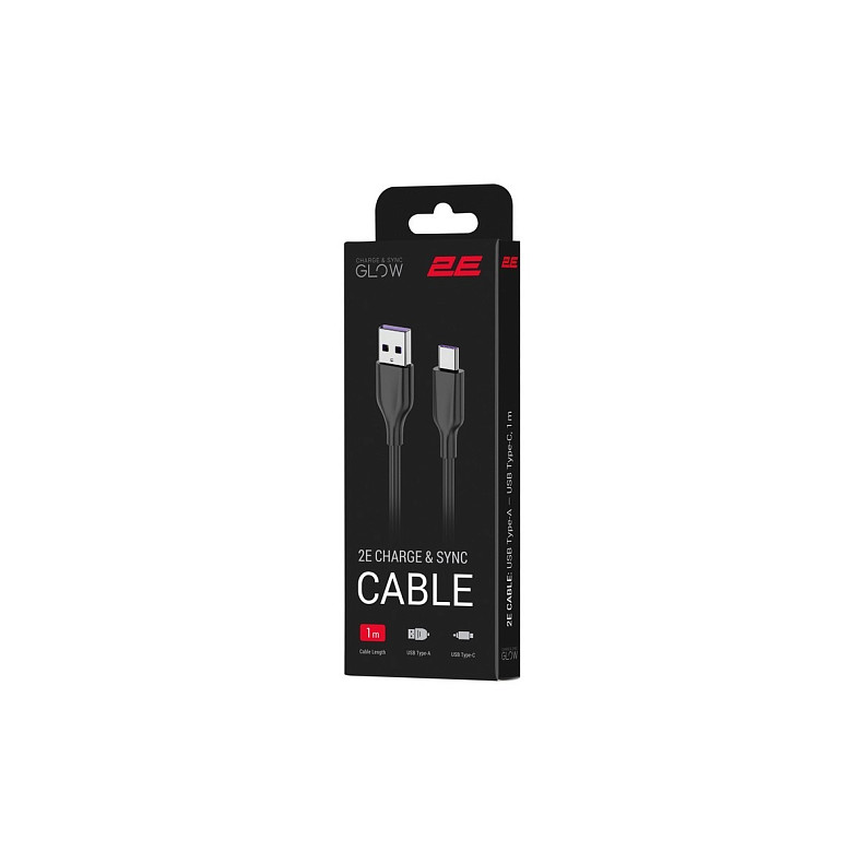 Кабель 2E USB-A > USB-C, 1м, Glow, черный