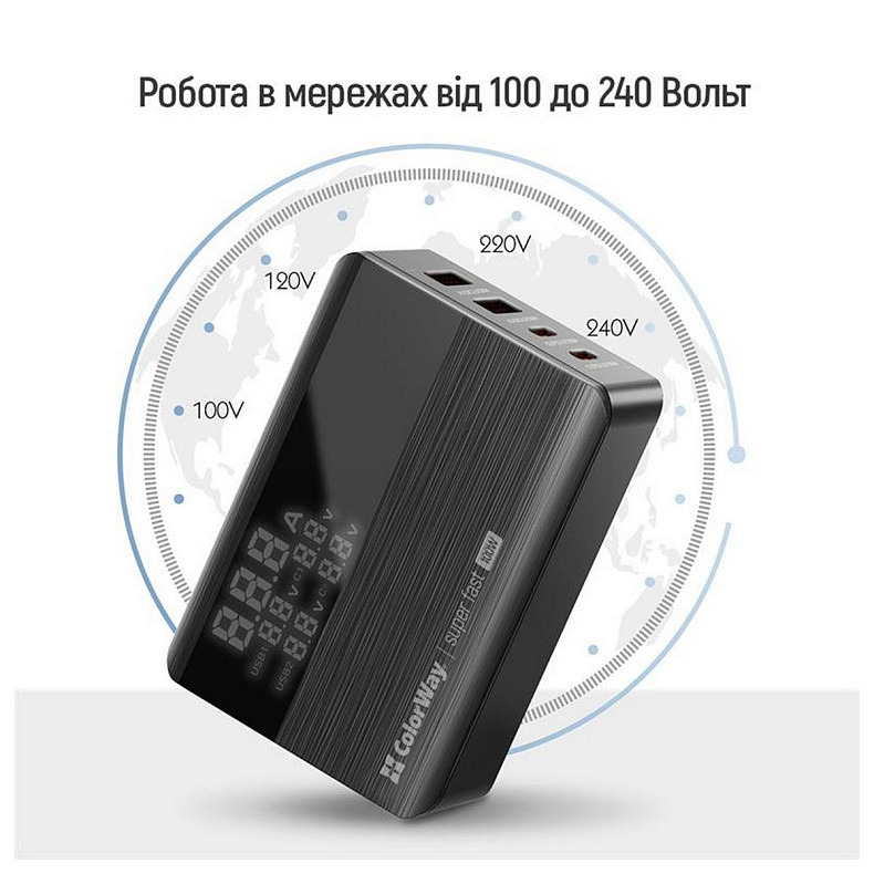 Зарядний пристрій ColorWay Power Delivery GaN (2USB-A + 2USB TYPE-C) (100W) Black (CW-CHS0)