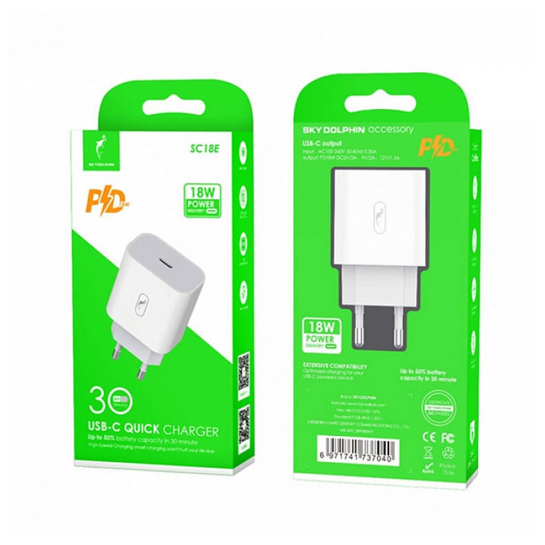 Зарядний пристрій SkyDolphin SC18E PD2.0 (1USB-C, 3A) White (MZP-000155)