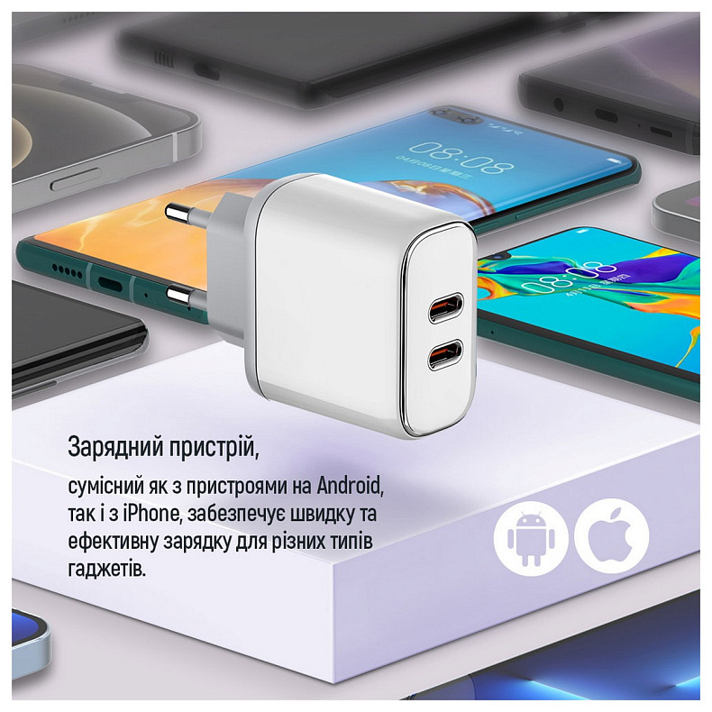 Сетевое зарядное устройство ColorWay Power Delivery Port PPS USB (Type-C PD + Type-C PD) (40W) White