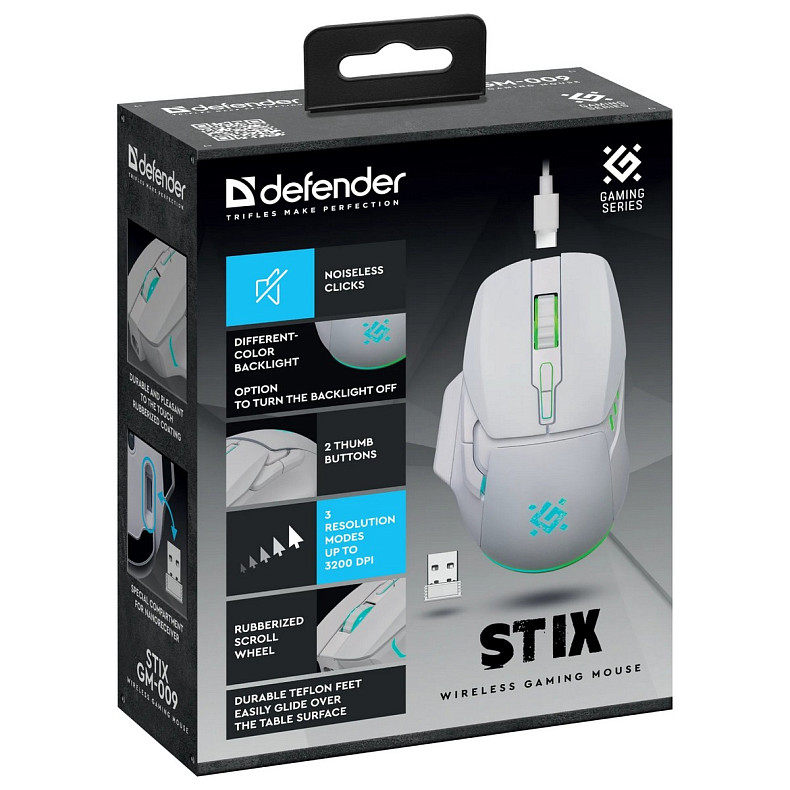 Мишка Defender Stix GM-009, бездротова, 7кн. 3200 dpi, 500 мАh, біла