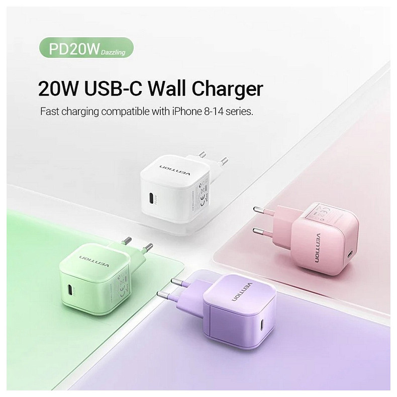 Зарядное устройство 1xUSB-C 20W PD3.0/QC3.0 Purple Vention