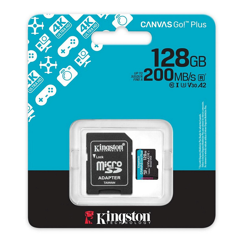 Карта пам'яті MicroSDXC 128GB UHS-I/U3 Class 10 Kingston Canvas Go! Plus R200/W200MB/s + SD-адаптер (