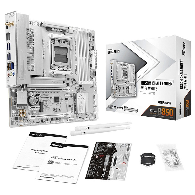 Материнська плата ASRock B850M CHALLENGER WIFI WHITE (AM5/B850, 4*DDR5, 2xPCIex16, HDMI, 4xSATA,2xM.2, 2.5GLan, mATX)