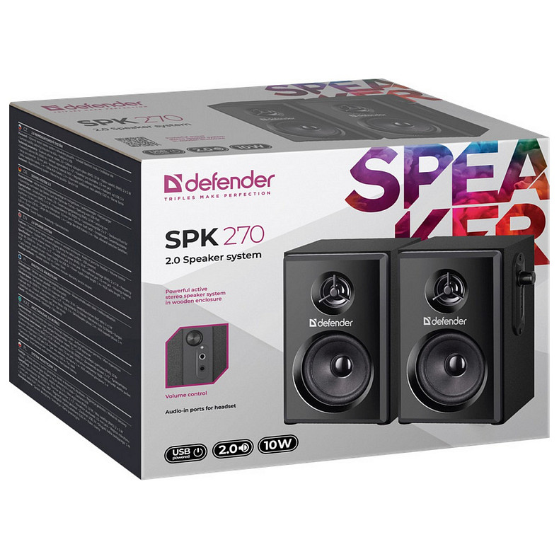 Акустическая система 2.0 Defender SPK-270 10Вт, черная, пластик, USB