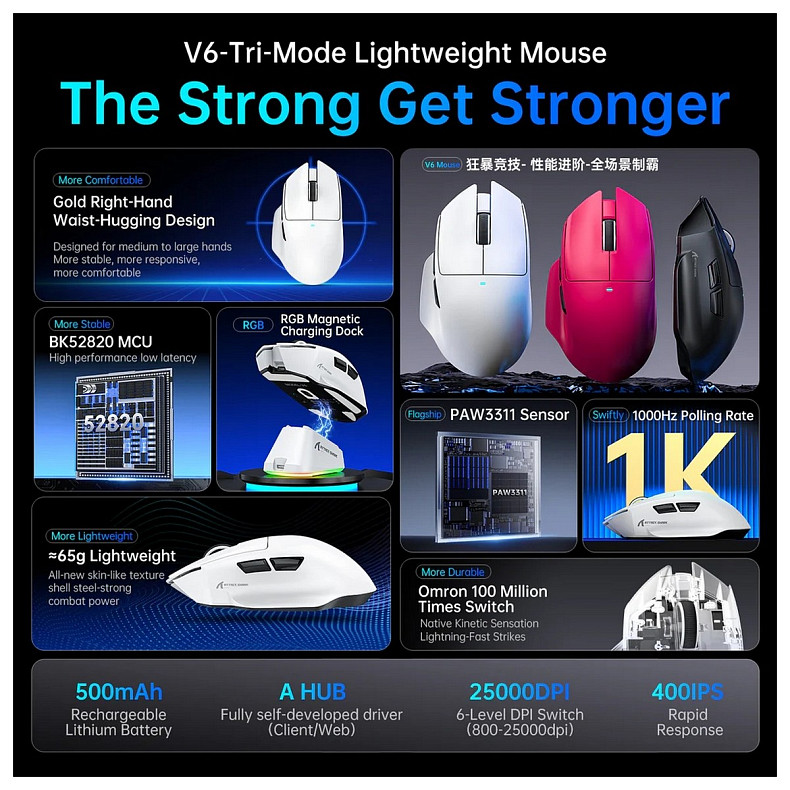 Мышка Attack Shark V6 Ultra-Light, Wireless/Bluetooth, 25000dpi. (PAW3311), 7кн., Black