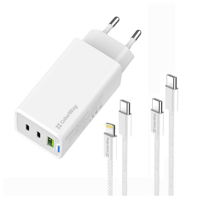 Сетевое зарядное устройство ColorWay GaN Mini 65W PD Port PPS USB (USB-2C1A) White (CW-CHS058PDCL-WT
