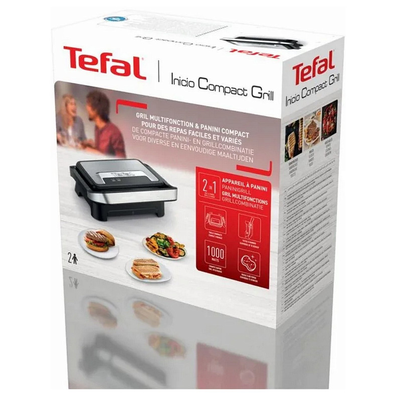 Гриль Tefal прижимной Inicio Compact 1000Вт, темп. режимов-1, алюминий, черно-серебряный