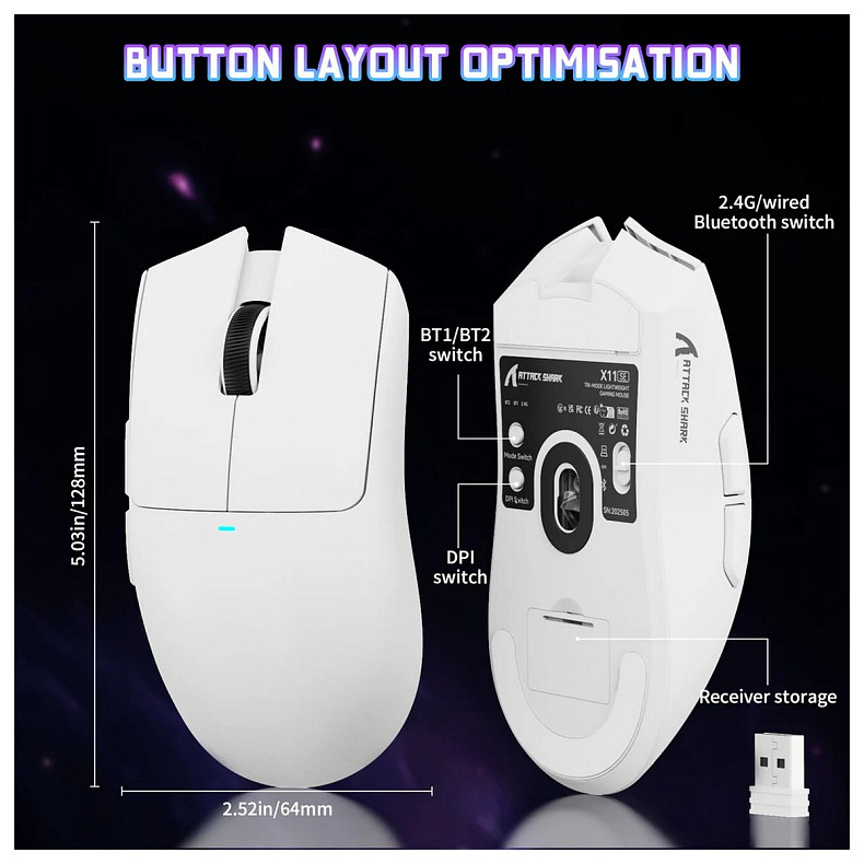 Мышка Attack Shark X11SE, Wireless/Bluetooth, 22000dpi. (PAW3311), 6кн., White