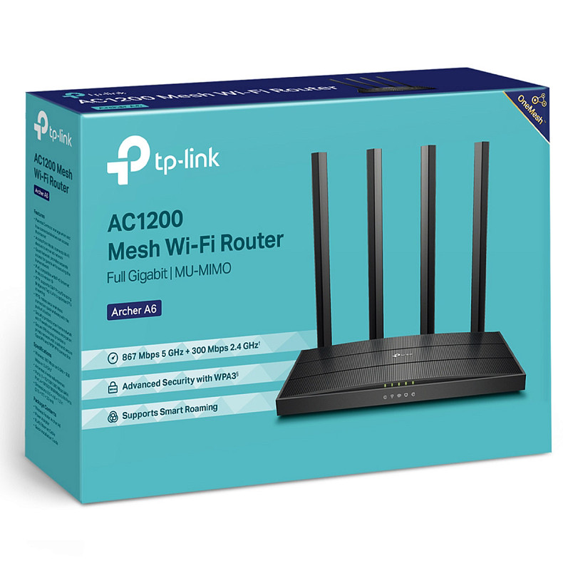 Роутер TP-Link ARCHER A6 (AC1200, MU-MIMO, 4хLAN Gbit, 1хWAN Gbit, 4 антенны)