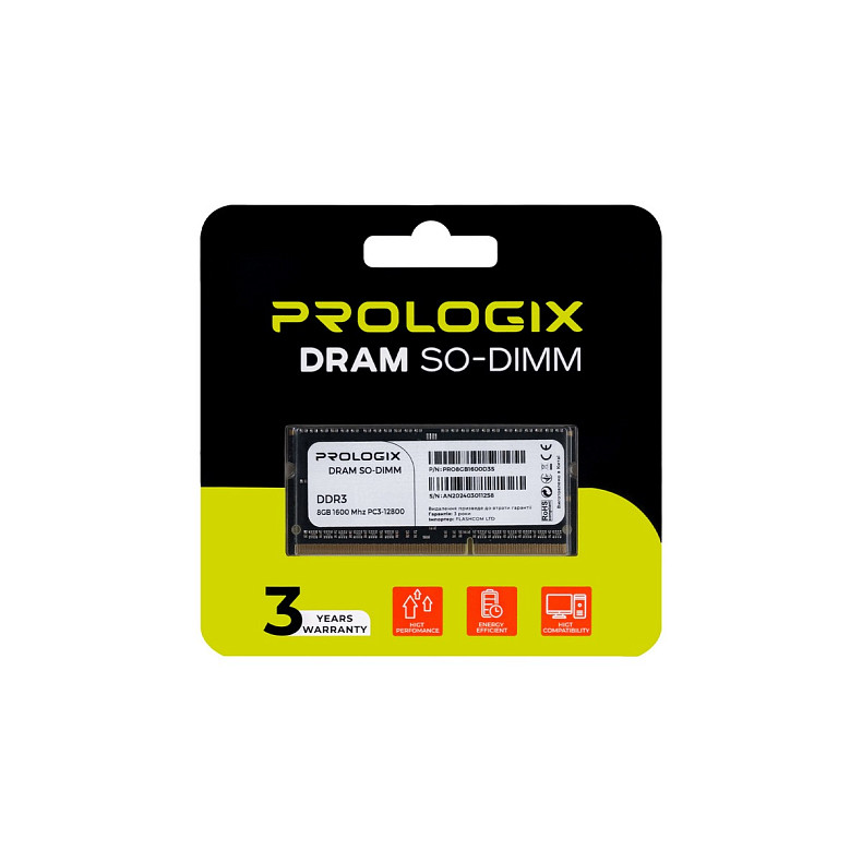 ОЗУ SO-DIMM 8GB/1600 DDR3 Prologix (PRO8GB1600D3S)