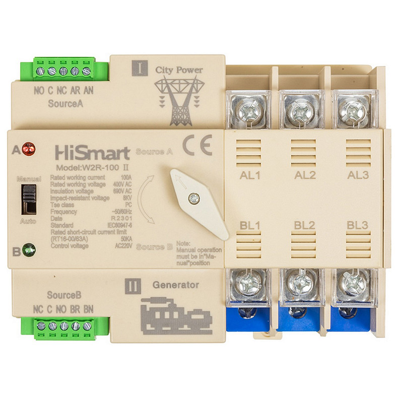 Автоматичний перемикач HiSmart W2R-3P 220V 100A (HS082499)