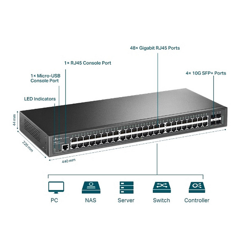 Коммутатор TP-LINK TL-SG3452X 48xGE 4x10GE/SFP+ L2 JetStream 19" 1U