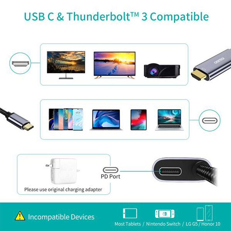 Кабель USB-C на HDMI, 4K 60 Гц, вхід живлення PD, 1.8 м