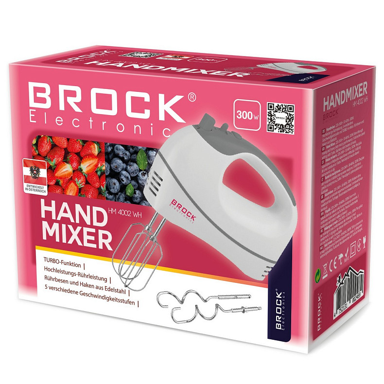 Миксер BROCK HM 4002 WH ручной 300Вт/ 5 быстрый/ турбо режим/ белый