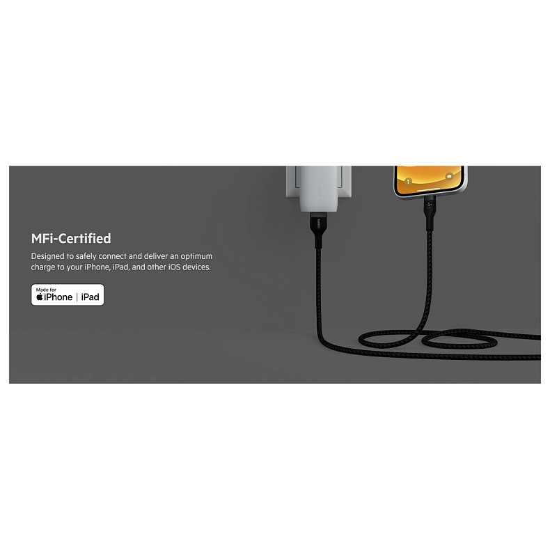 Кабель Belkin USB-A - Lightning плетений, силіконовий, з ремінцем на магніті, 1м, Black