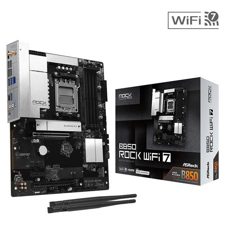 Материнська плата ASRock B850 ROCK WIFI 7 (AM5/B850, 4*DDR5, 2xPCIex16, HDMI, 4xSATAIII,2xM.2, 2.5GLan, ATX)