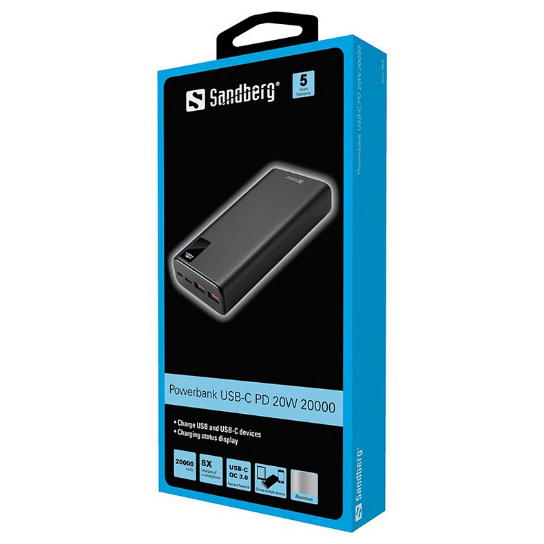 УМБ Sandberg PD 20000mAh 20W 3A QC3.0, 2xUSB, Type-C OUT