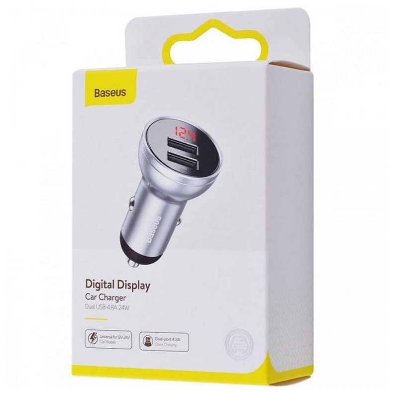 Автозарядка 2xUSB 24W (USB-A) QC 3.0 + Digital Display Серебряная Baseus