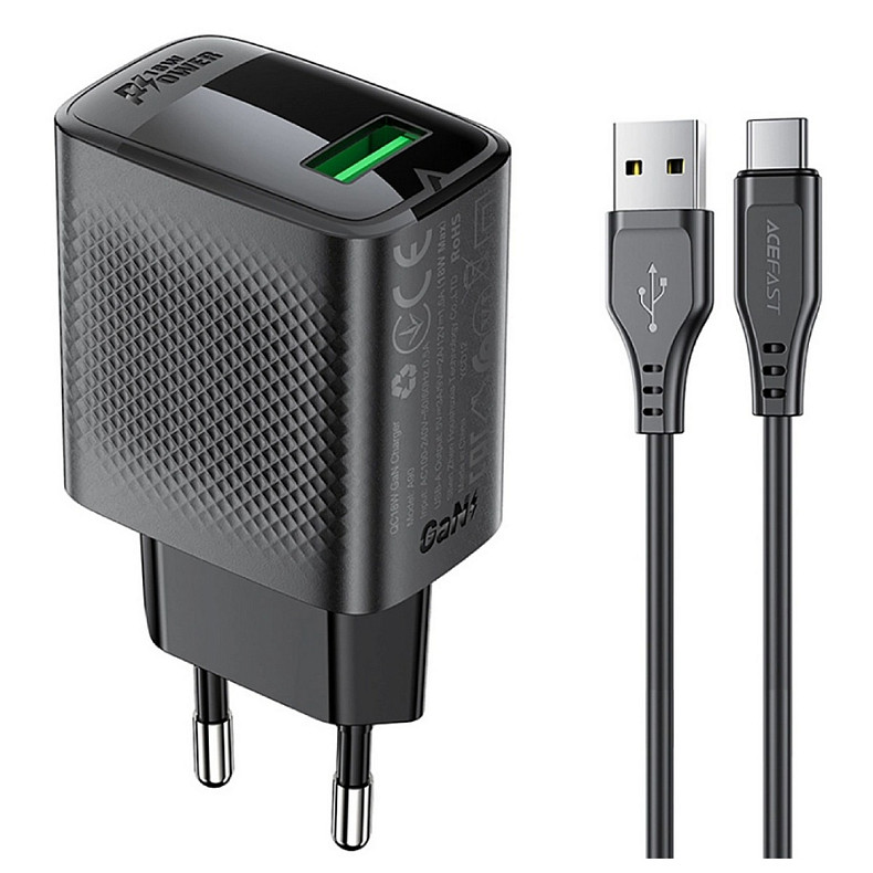 Зарядний пристрій USB-A 20W + Type-C cable A90 Fast Charger Black Acefast