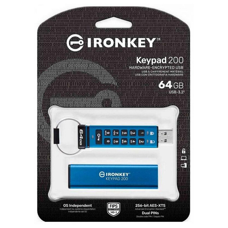 Флеш-накопичувач USB3.2 64GB Kingston IronKey Keypad 200 Type-A Blue (IKKP200/64GB)