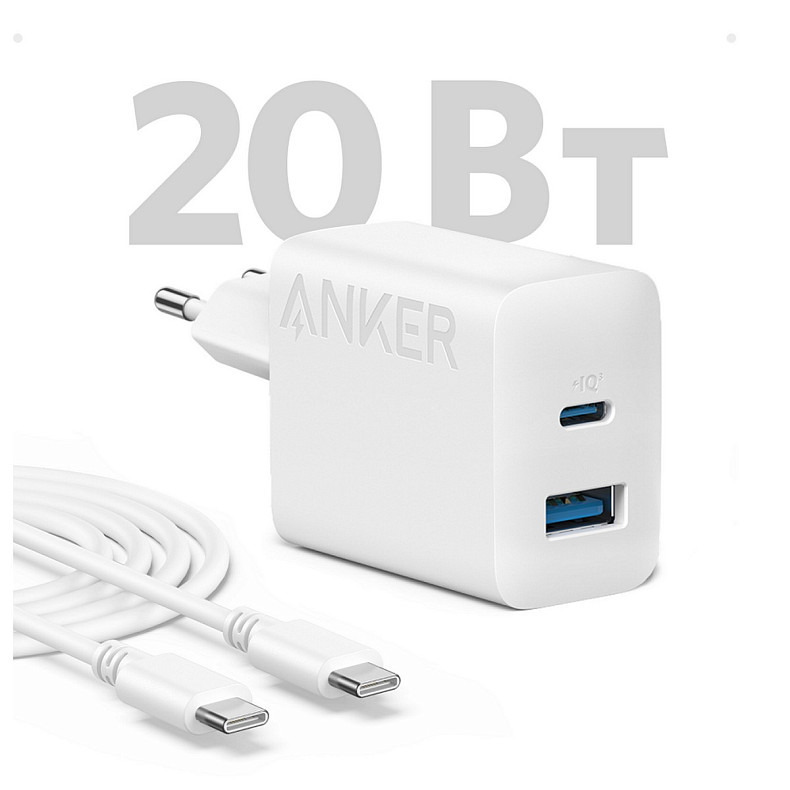 Мережева зарядка ANKER PowerPort 312 - 20W USB-C & USB-A + USB-C cable (Білий)