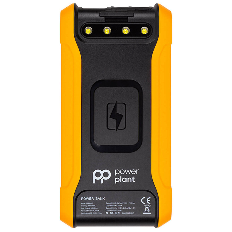 Мобільна батарея PowerPlant 20000mAh, PD 18W, USB-C, 2xUSB-A, QC3.0, Wireless, Solar panel 5.5V-0,2A