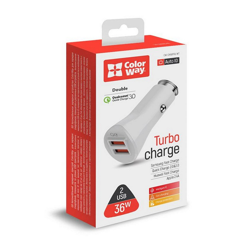 Автомобильное зарядное устройство ColorWay (2USBх3А, 36W) QC3.0 White (CW-CHA011Q-WT)