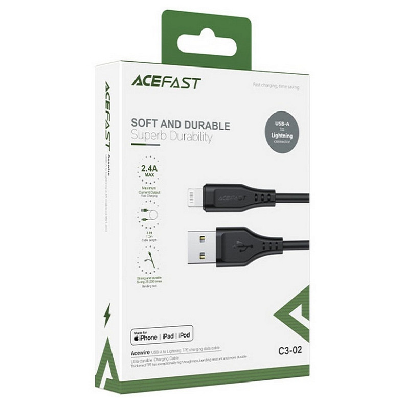 Кабель USB 2.0 Lighting USB-A, 1,2 м, 2,4A, TPE C3-02 Black Acefast