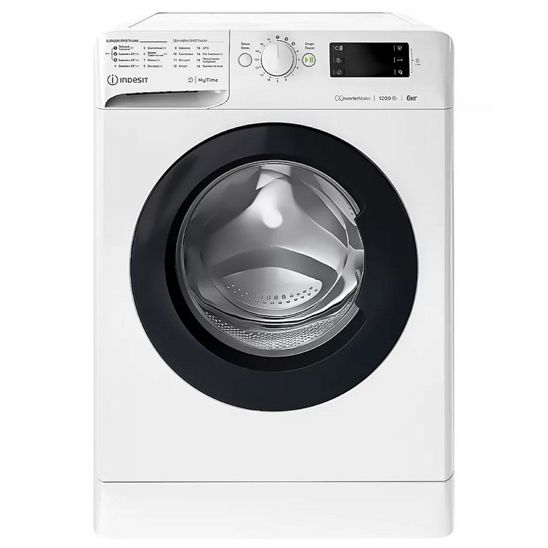 Стиральная машина Indesit фронтальная, 6кг, 1200, A+++, 43см, дисплей, инвертор, черный люк, белый