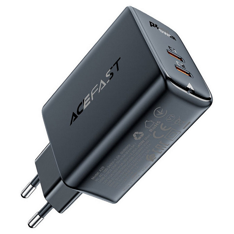 Зарядний пристрій 2xUSB 50W (USB-C+USB-C) Gan A29 Fast Charger Black Acefast