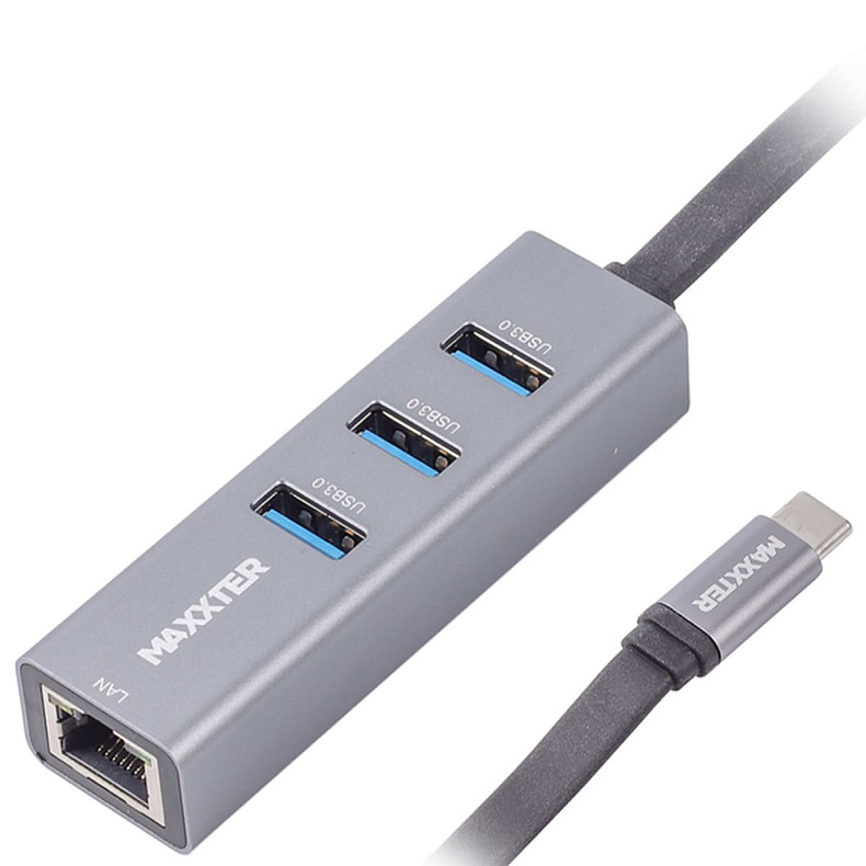 USB-хаб Type-C на Gigabit Ethernet, 3 Ports USB 3.0, 1000 Mbps, метал, темно-сірий