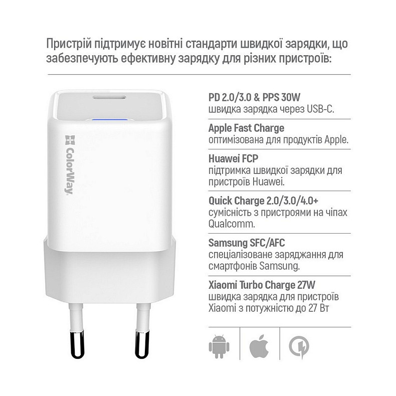 Сетевое зарядное устройство ColorWay GaN Mini 30W PD Port PPS USB-C White (CW-CHS054PD-WT)
