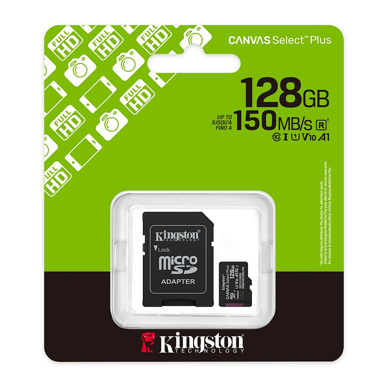 Карта пам'яті Kingston microSD 128GB C10 UHS-I A1 V10 R150MB/s + SD (SDCS3/128GB)