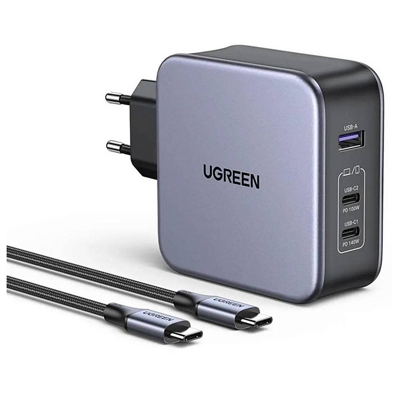 Зарядний пристрій 3xUSB 140W GaN (2хUSB-C+USB-A) CD289 with C to C Cable 1.5 м Gray Ugreen