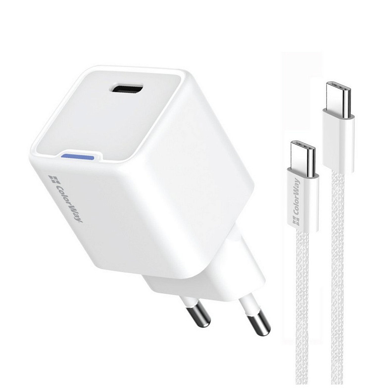 Сетевое зарядное устройство ColorWay GaN Mini 30W PD Port PPS USB-C White (CW-CHS054PDC-WT) + кабель