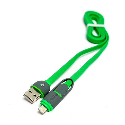 Кабель синхронізації PowerPlant Quick Charge 2A 2-в-1 Flat USB 2.0 AM – Lightning/Micro 1м Green (KD00AS1291)