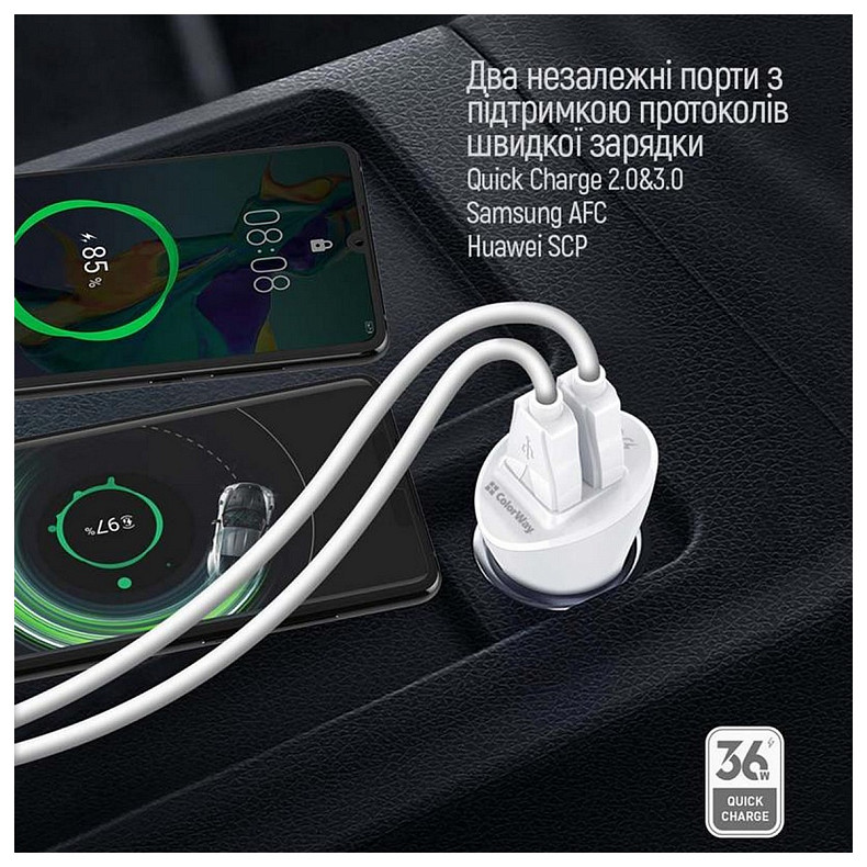 Автомобильное зарядное устройство ColorWay (2USBх3А, 36W) QC3.0 White (CW-CHA011Q-WT)
