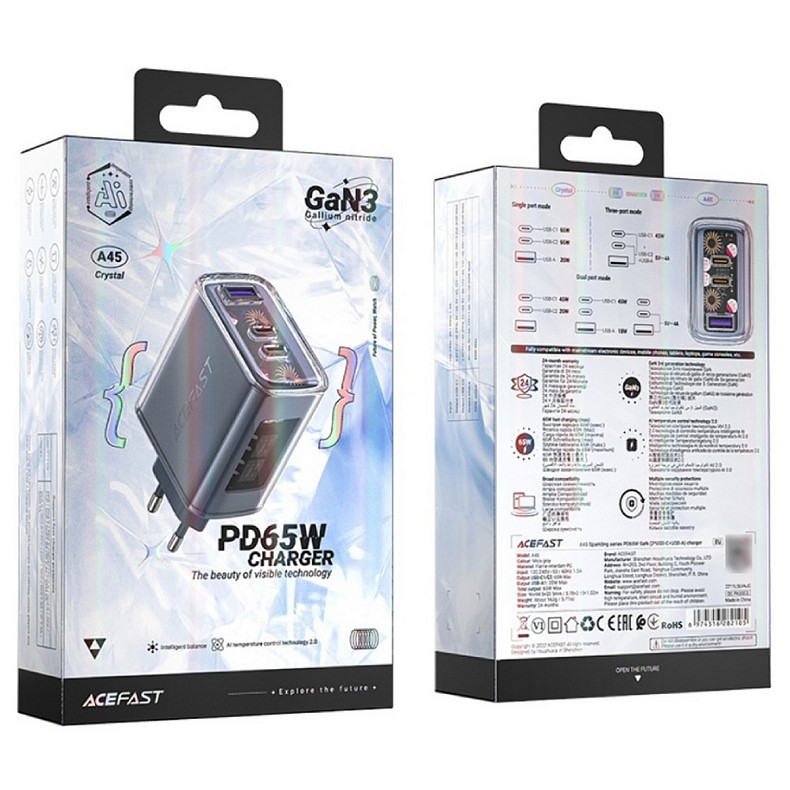 Зарядное устройство 3xUSB 65W (2xUSB-C+USB-A) Gan A45 Fast Charger Mountain mist Acefast