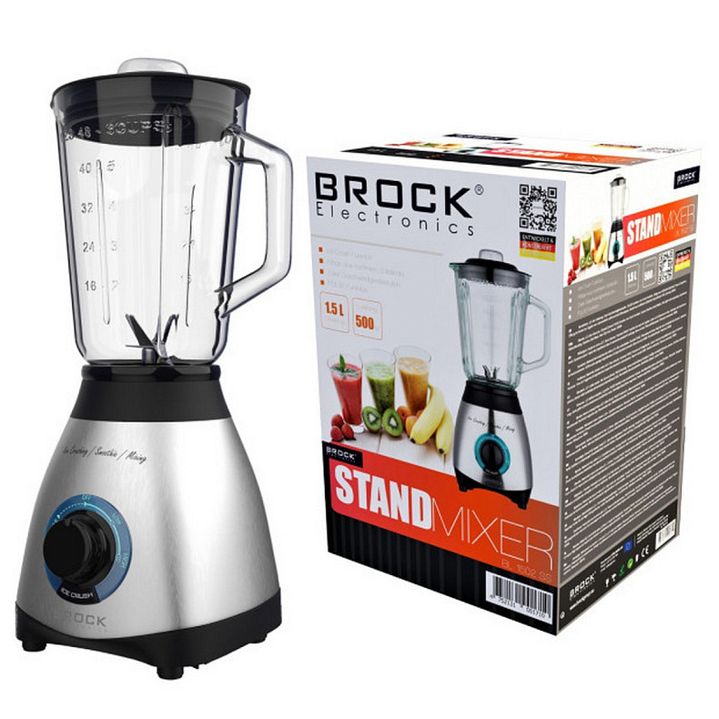Блендер BROCK BL 1502 SS стаціонарний 500Вт/ скляна чаша 1,5л/ PULSE/ 2 швидк./дроблення льоду/метал