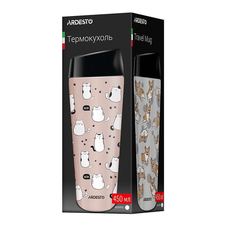 Термокружка Ardesto Coffee Time Cats 450мл, нержавеющая сталь, коричневая (AR2645FC)