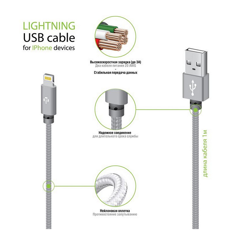 Кабель Intaleo CBGNYL1 USB-Lightning 1м Grey (1283126477652)