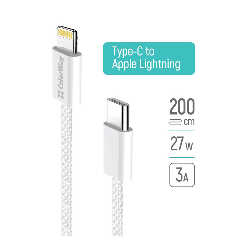 Кабель ColorWay USB Type-C - Lightning (M/M), (braided cotton) (PD Fast Charging 27W), 2 м, Gray (CW